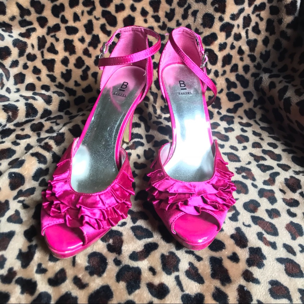 Pink peep toe heels with ruffle